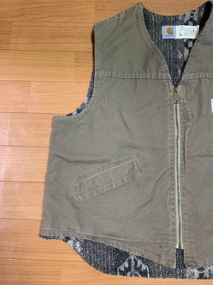 USA Carharttダック地ベスト 裏地ネイティブ柄 ボア ライナーXL