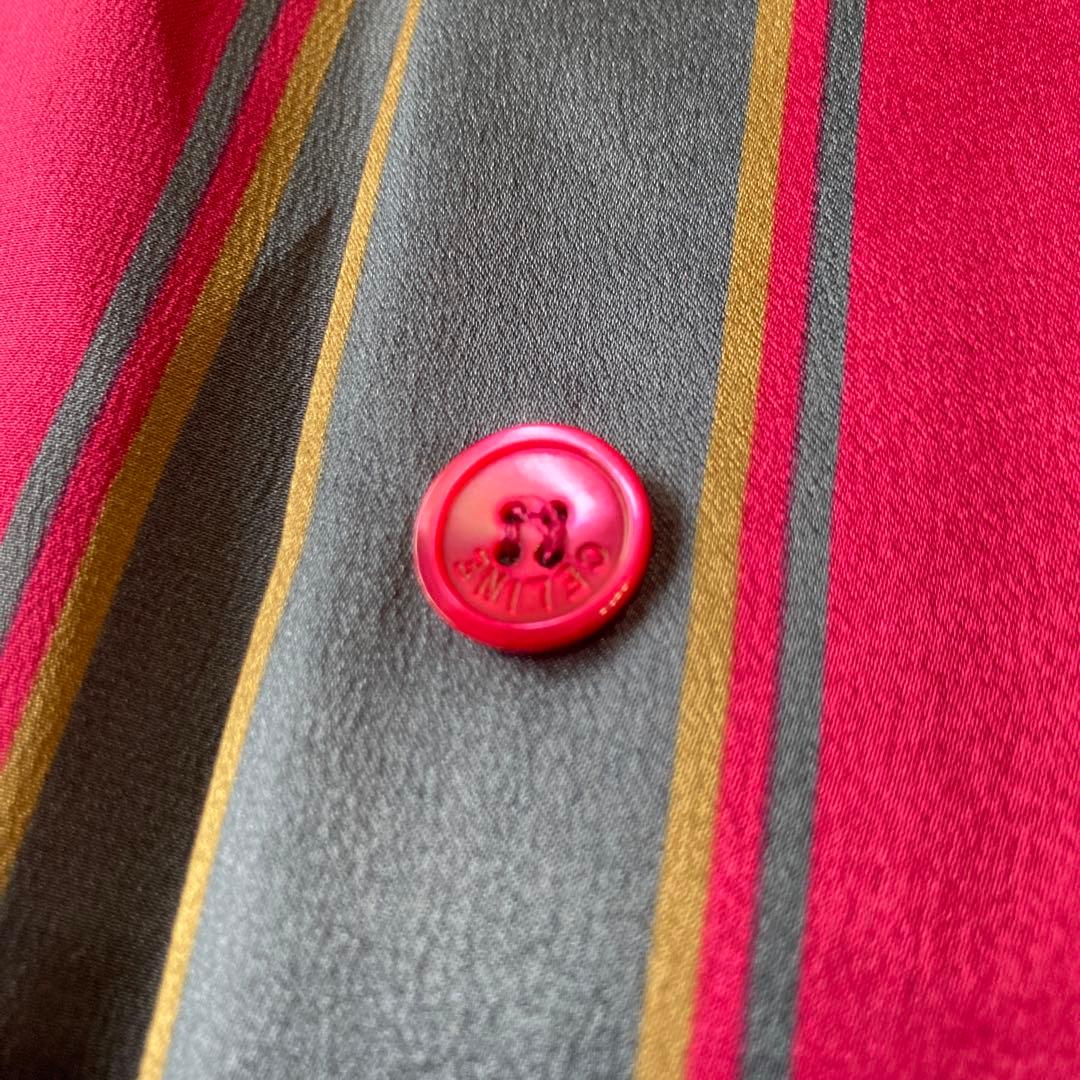 希少✨シルク100%セリーヌ　トリンオンフ金ボタン　ボウタイストライプ柄ブラウス