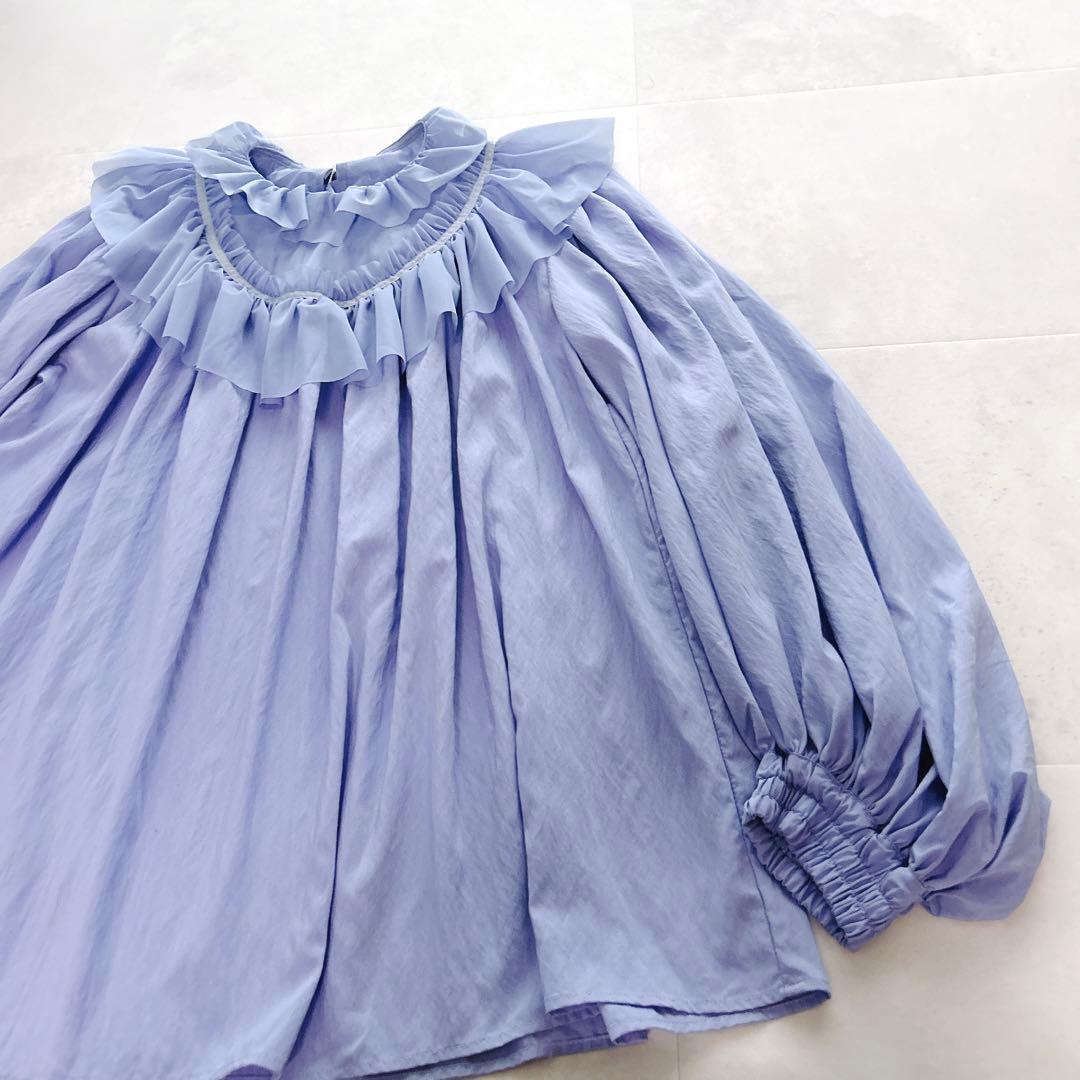 タグ付✨24SS✨現行　フミエタナカ　シアーギャザーシャツ　ブルー　フリル