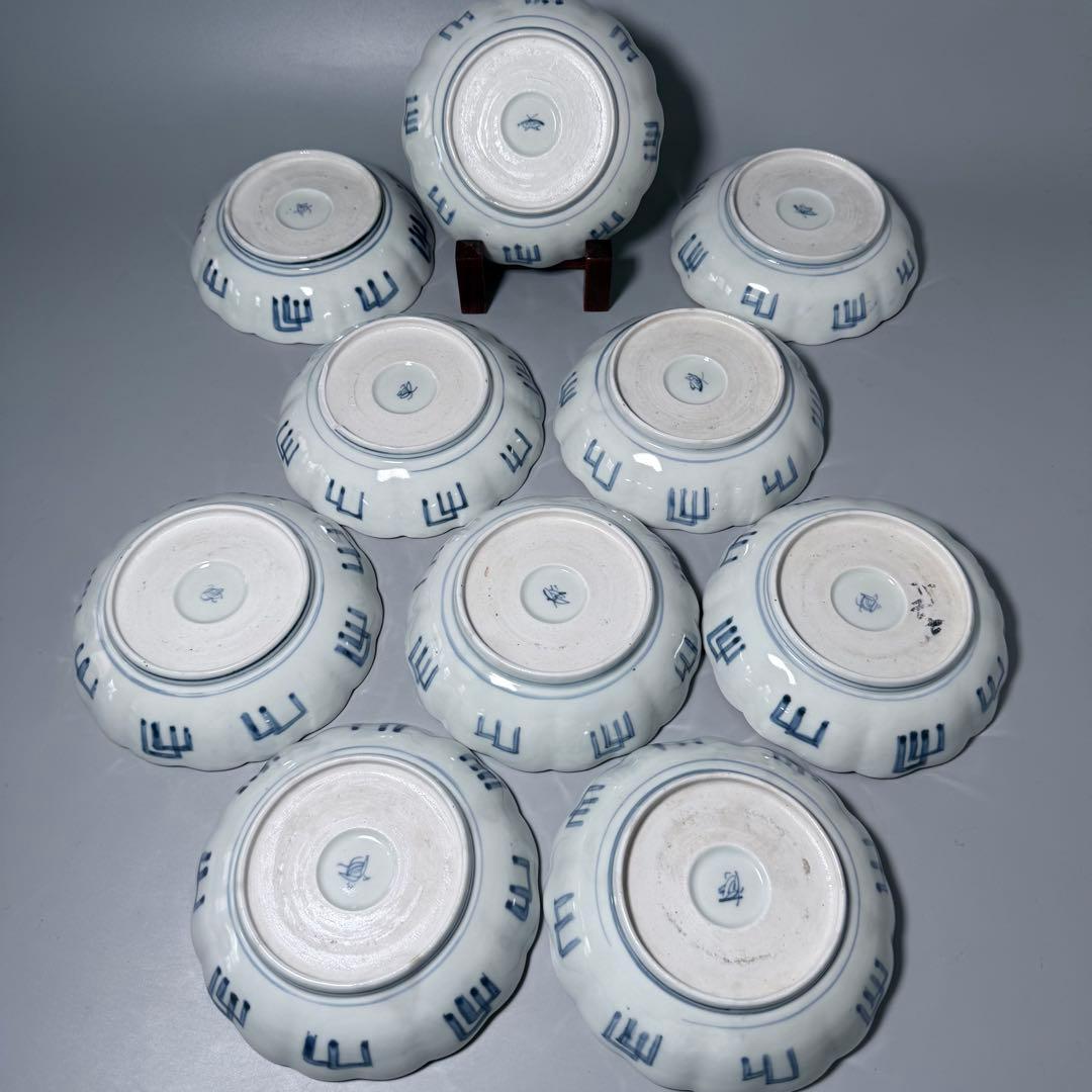 古伊万里　染錦松文様なます皿　10客　ホタルの窯印　江戸期　直径15.3cm