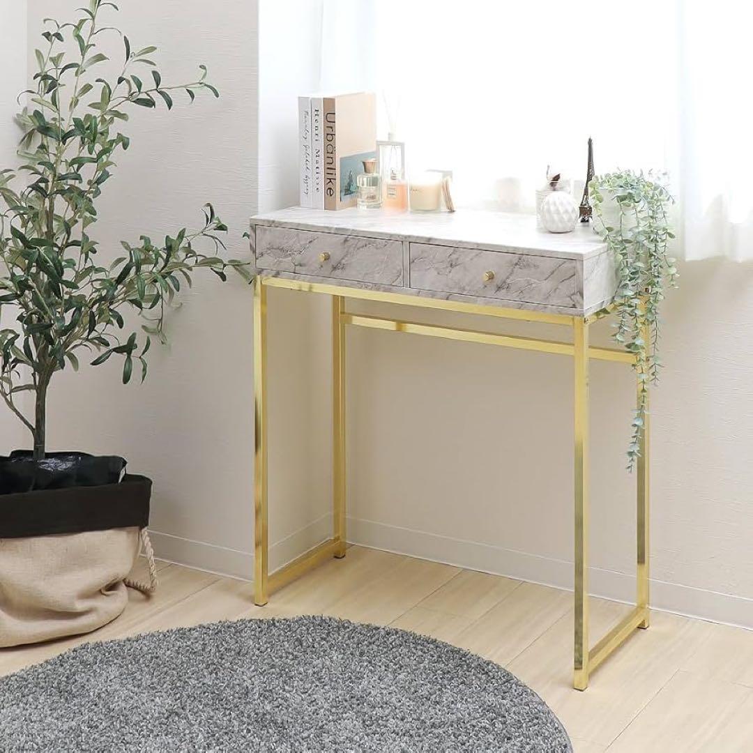 送料無料　コンソールテーブル　引き出し付き　大理石柄　ホワイト　ゴールド　飾り棚