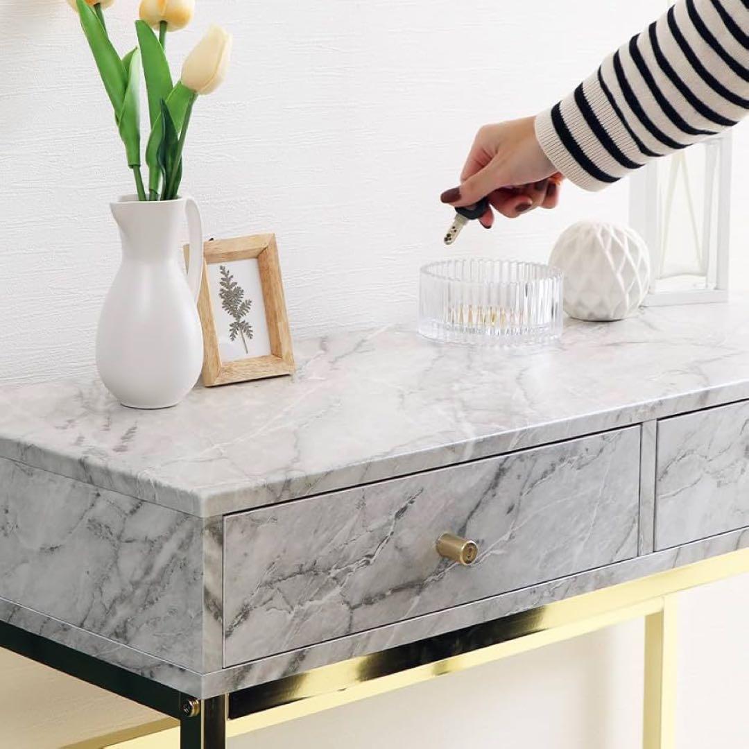 送料無料　コンソールテーブル　引き出し付き　大理石柄　ホワイト　ゴールド　飾り棚
