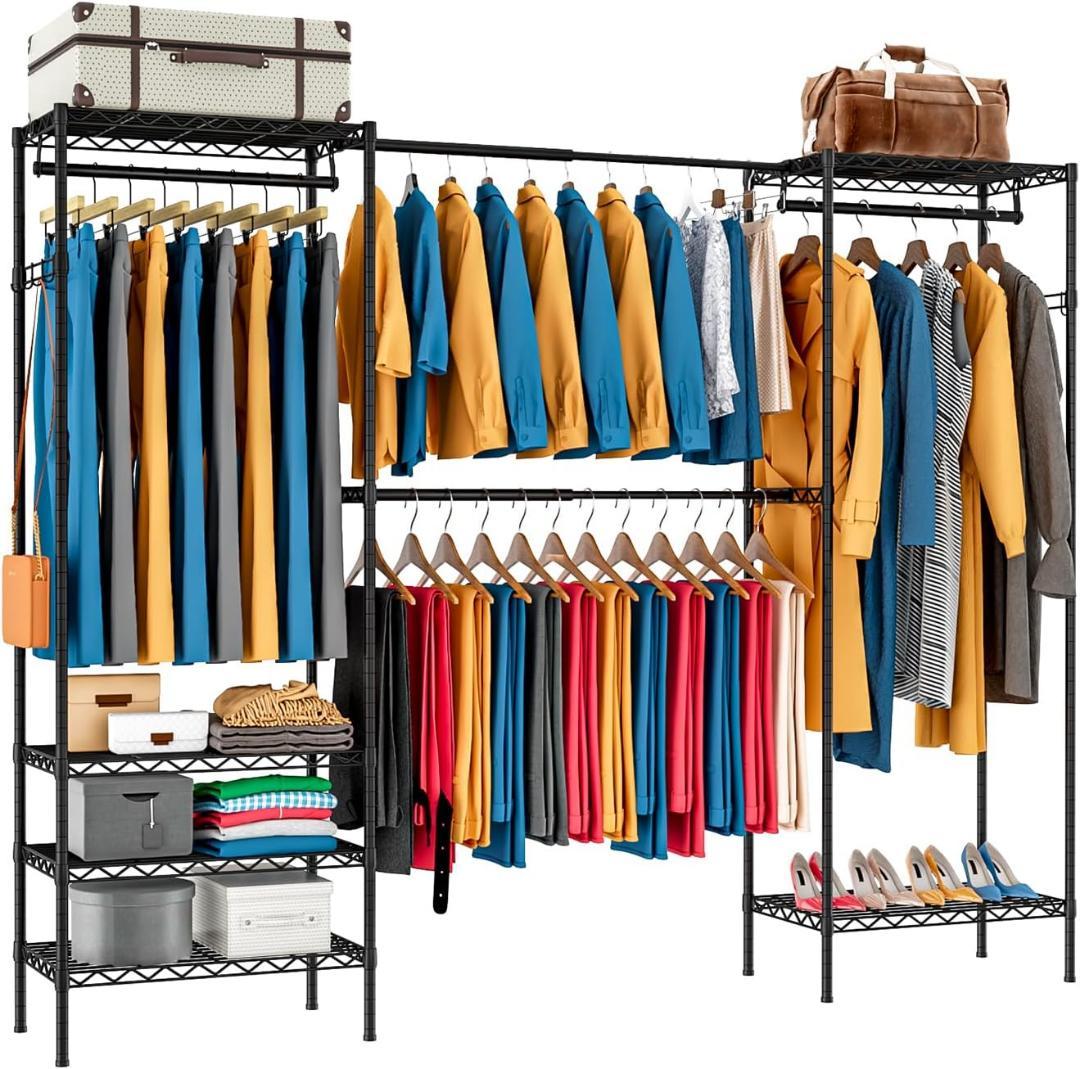 ハンガーラック 幅調整可 伸縮式ワードローブ メタルラック 棚板高さ調節