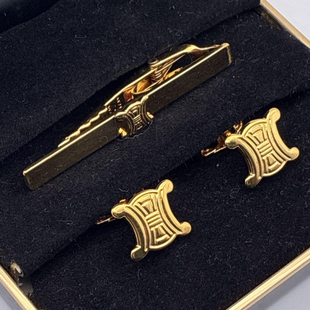 【美品】CELINE カフス カフリンクス タイピン トリオンフ マカダム 金色