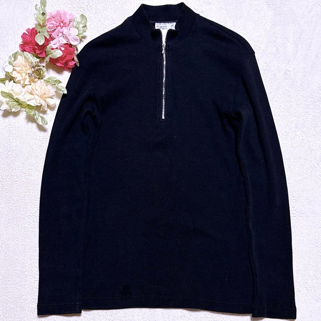 90s【美品】アニエスベーオム ハーフジップ ドライバーズニット ブラック 仏製