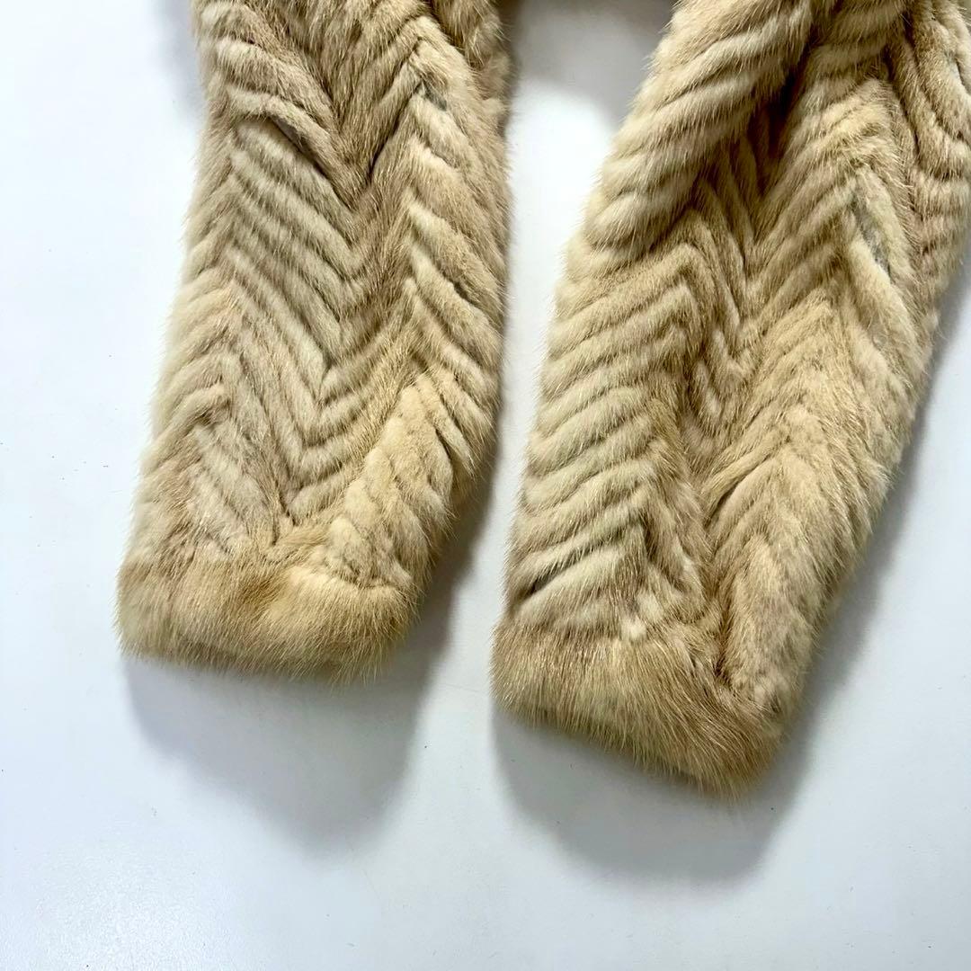 ミンク ファーコート ヘリンボーン柄 ベージュ ノーカラー 本毛皮　レディース