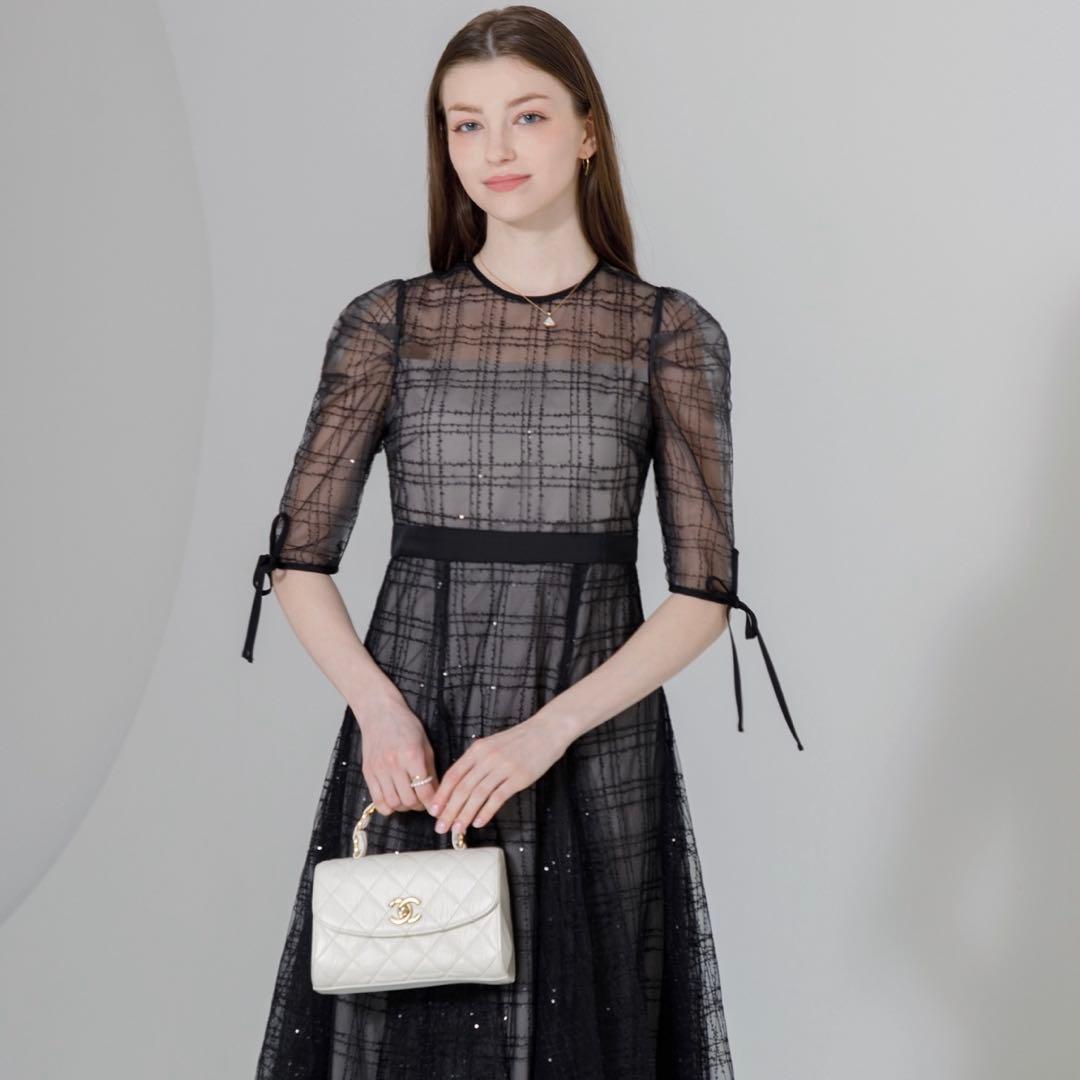 Leja チェック刺繍スパンコールチュール素材袖リボンワンピース