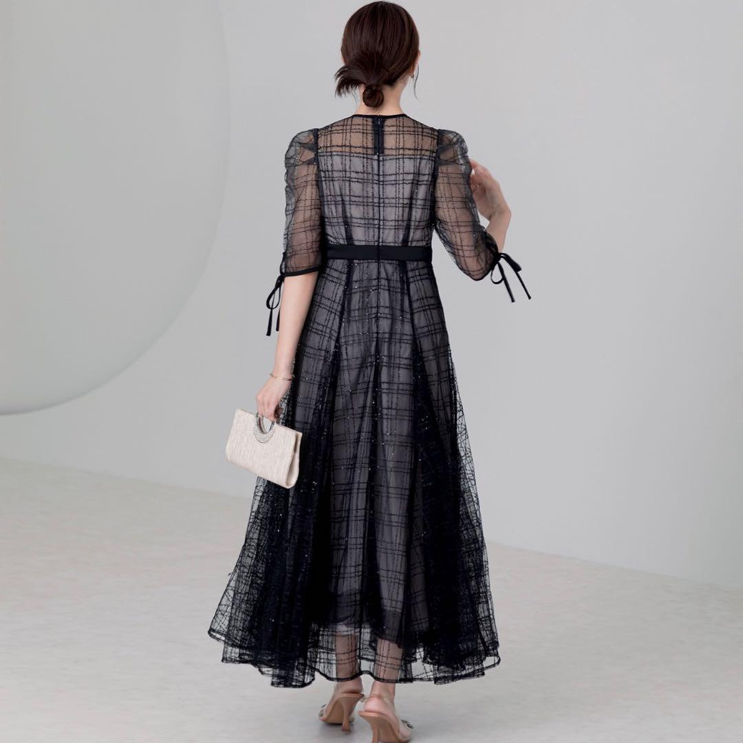 Leja チェック刺繍スパンコールチュール素材袖リボンワンピース