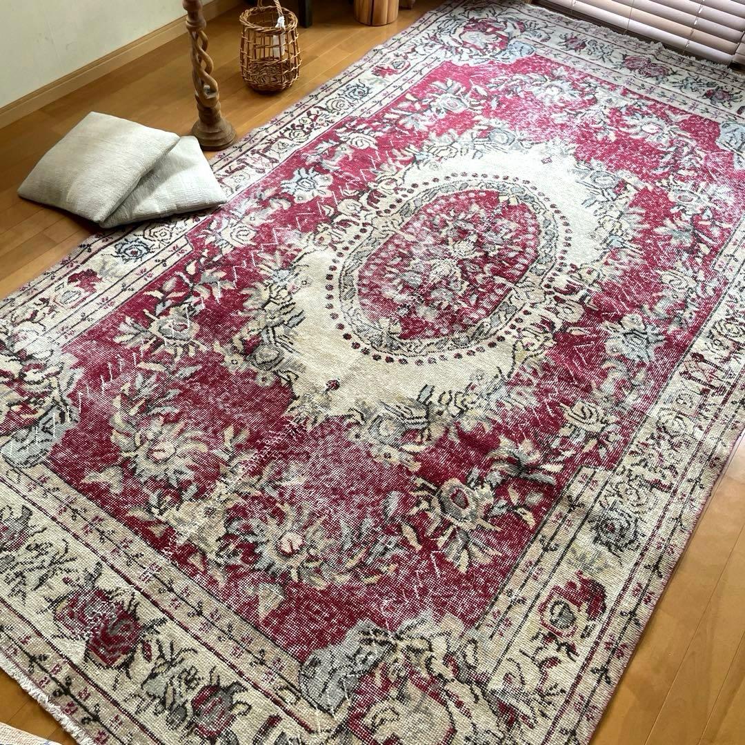超大判168×290 メダリオン　くすみレッド　ボタニカルトルコヴィンテージラグ