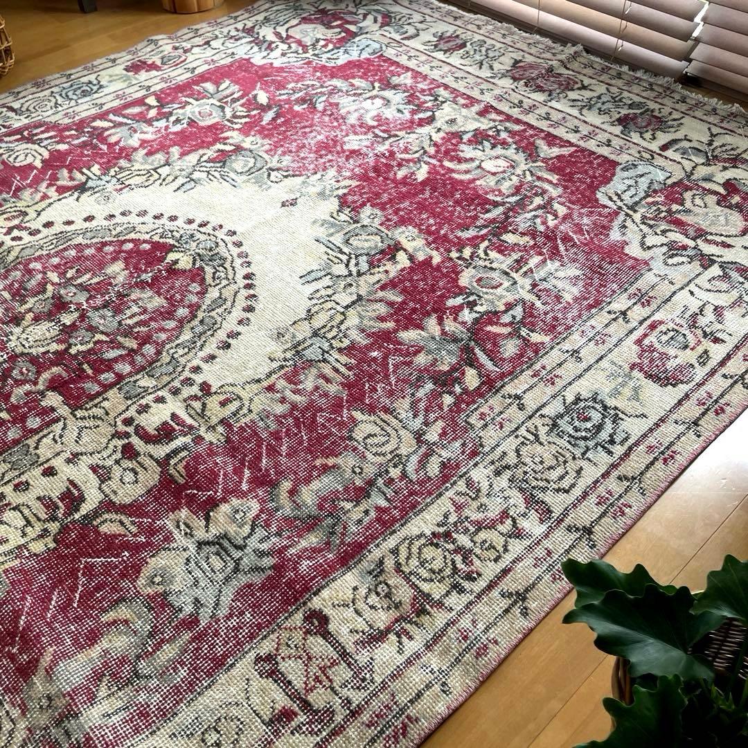超大判168×290 メダリオン　くすみレッド　ボタニカルトルコヴィンテージラグ