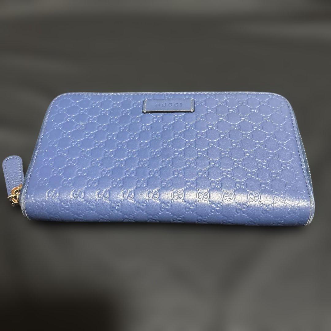 グッチ GGロゴ マイクロシマ 長財布 財布 ラウンドファスナー ブルー 青系