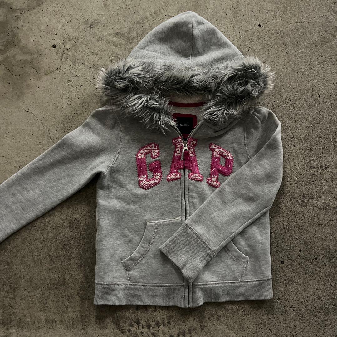 Gap ピンク　グレー　ジップパーカー　ファー　y2k 平成ギャル　短丈