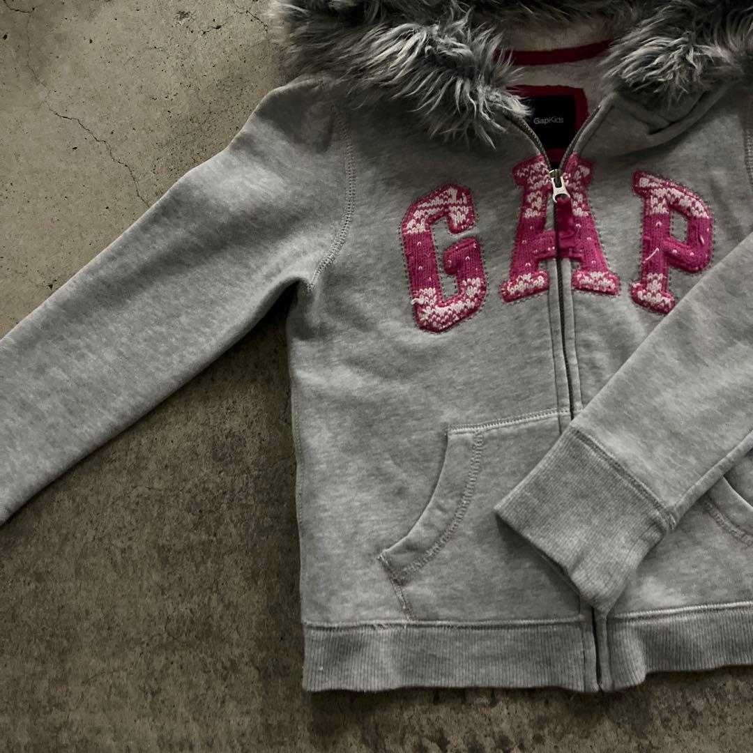 Gap ピンク　グレー　ジップパーカー　ファー　y2k 平成ギャル　短丈