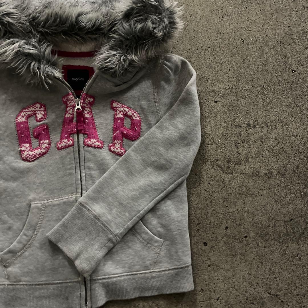 Gap ピンク　グレー　ジップパーカー　ファー　y2k 平成ギャル　短丈