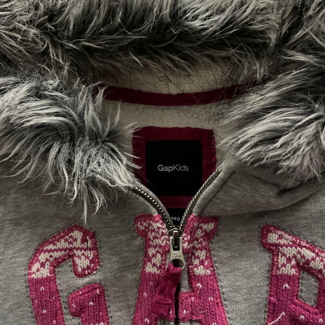 Gap ピンク　グレー　ジップパーカー　ファー　y2k 平成ギャル　短丈