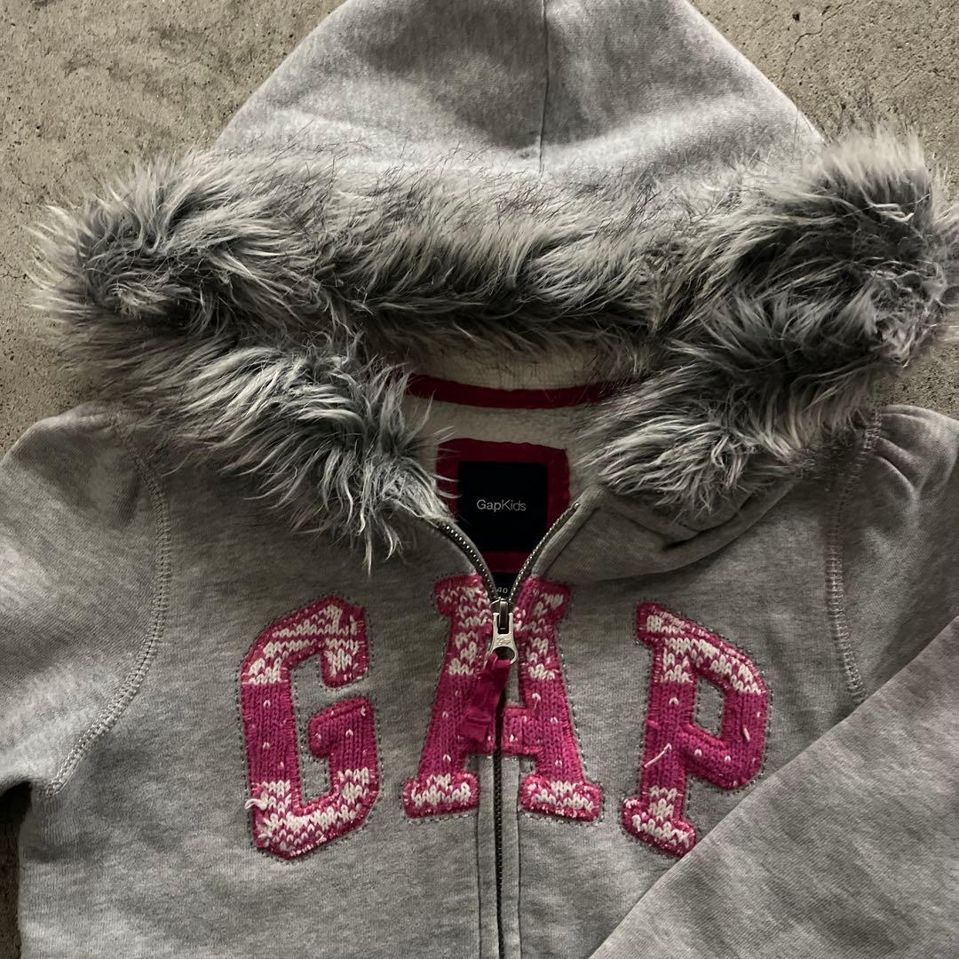 Gap ピンク　グレー　ジップパーカー　ファー　y2k 平成ギャル　短丈