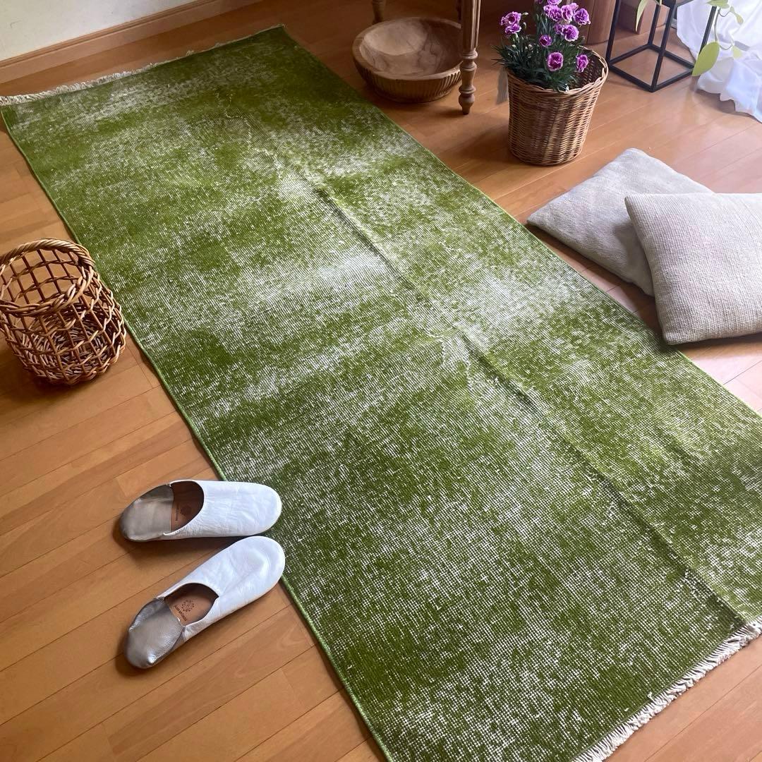 86×209抹茶グリーン　ワンカラーオーバーダイ　匂いありトルコヴィンテージラグ