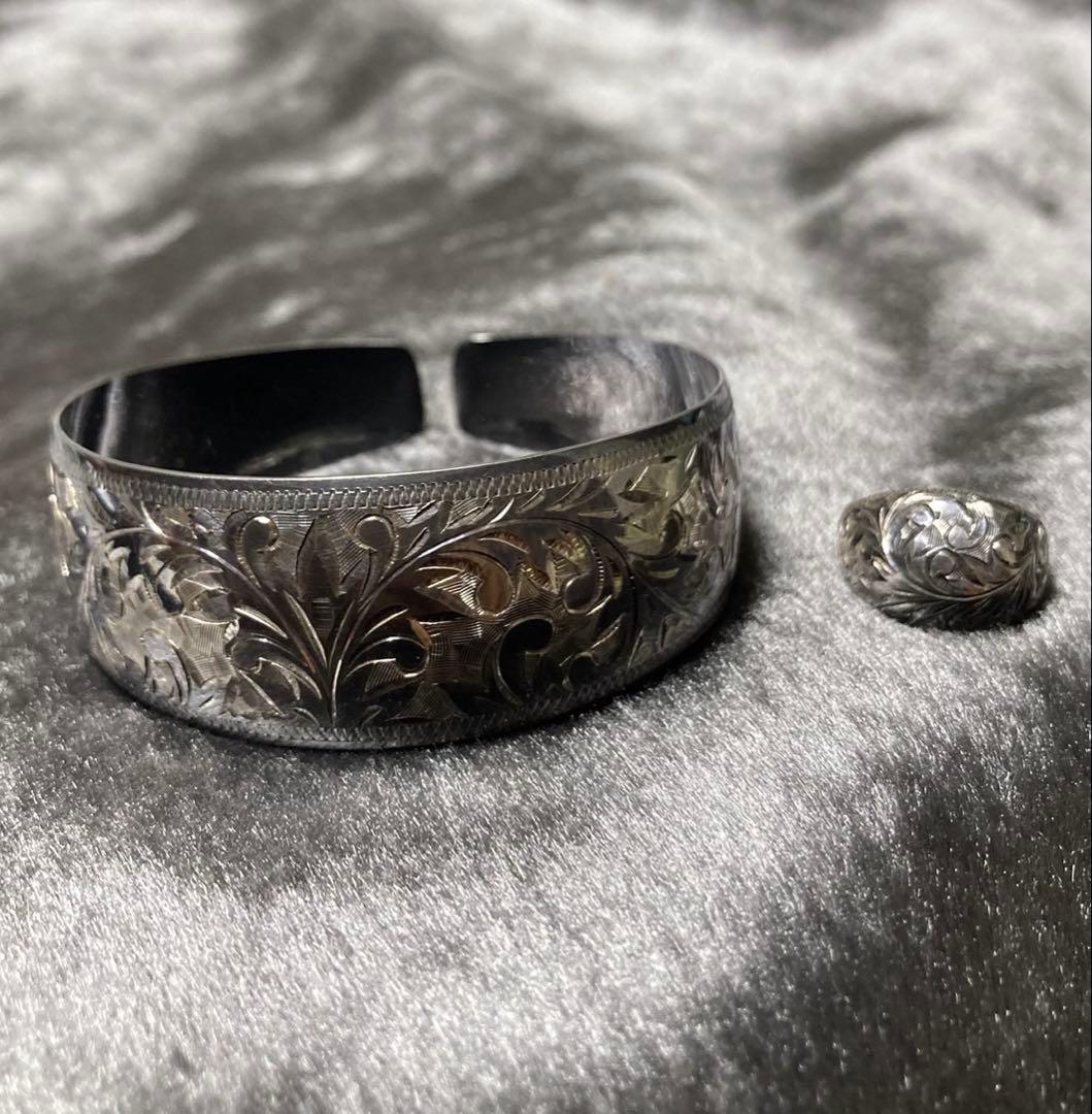 銀製 作家物 靖山 バングルとリングのセット