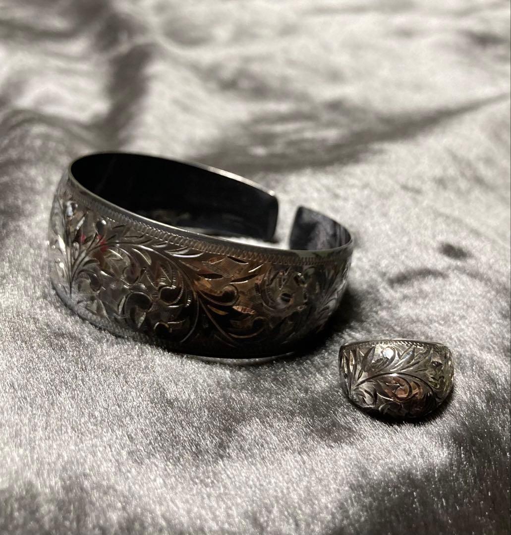 銀製 作家物 靖山 バングルとリングのセット