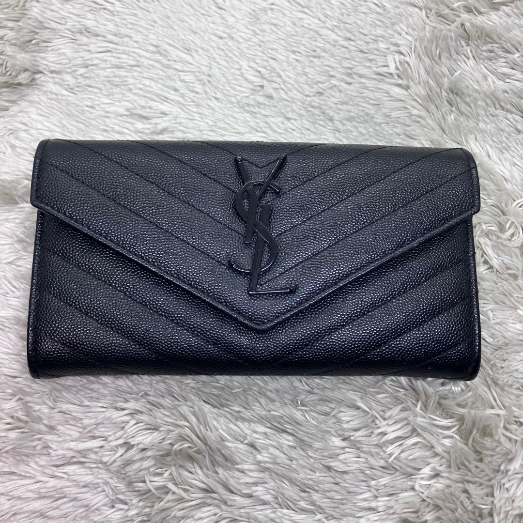 箱付き極美品✨サンローラン 長財布 キャビアスキン カサンドラロゴ ブラック