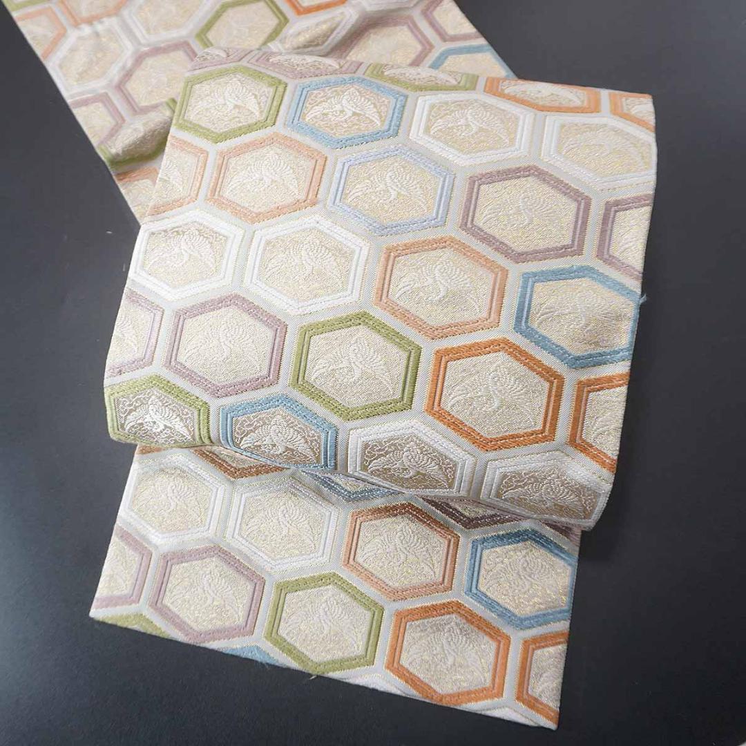 鶴　正絹袋帯　両面使い　銀　フォーマル　a813