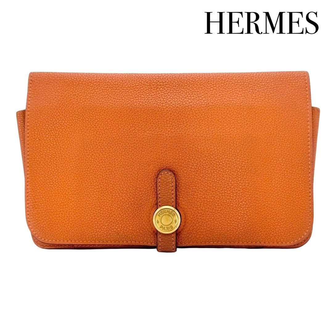 HERMES エルメス ドゴンGM オレンジ レザー長財布 小銭入れ レディース