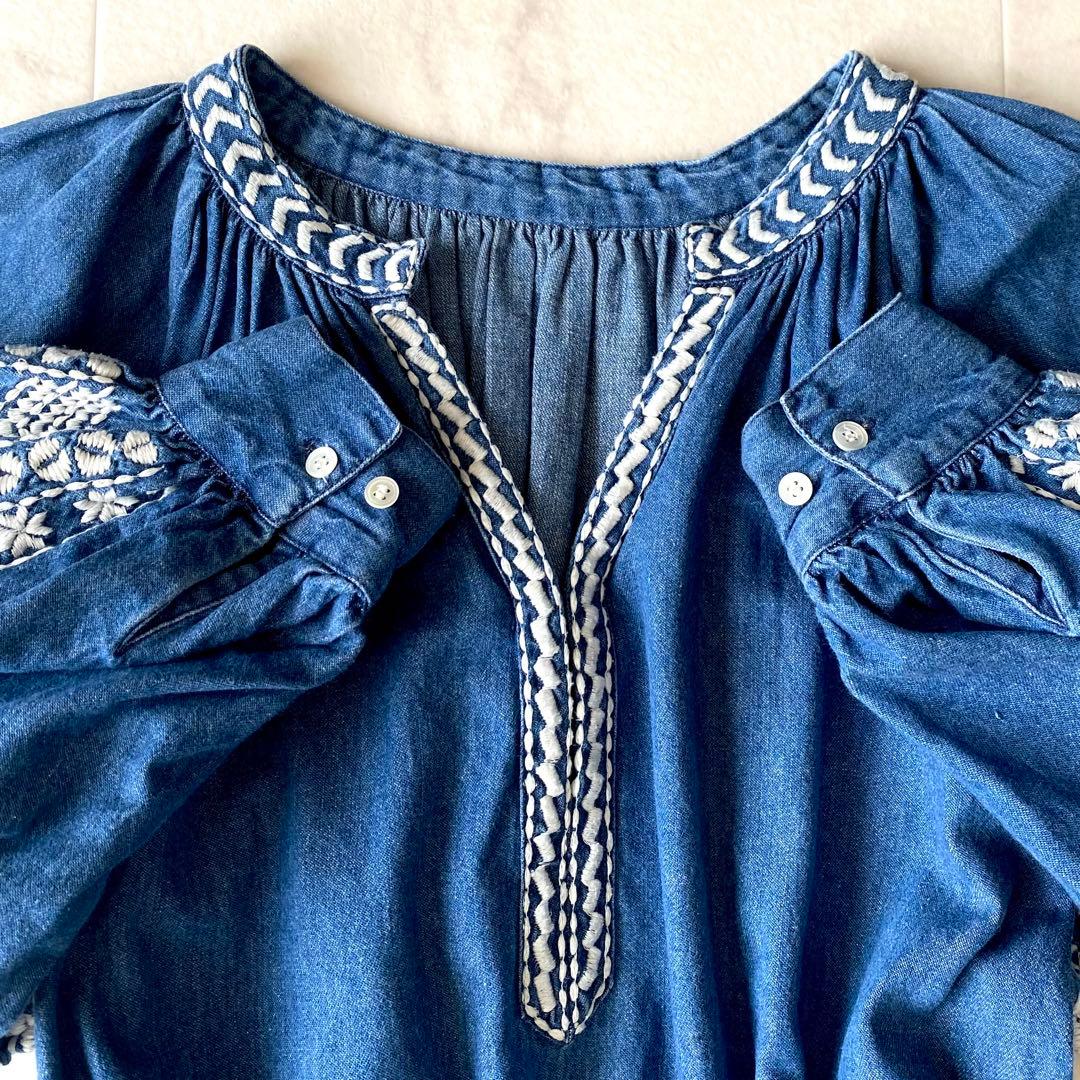 極美品☆グレースクラス デニム刺繍ワンピース ボリューム袖 七分丈 ゆったり