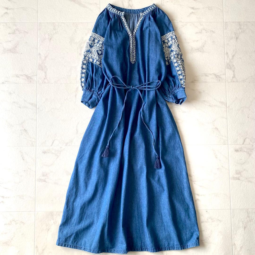 極美品☆グレースクラス デニム刺繍ワンピース ボリューム袖 七分丈 ゆったり