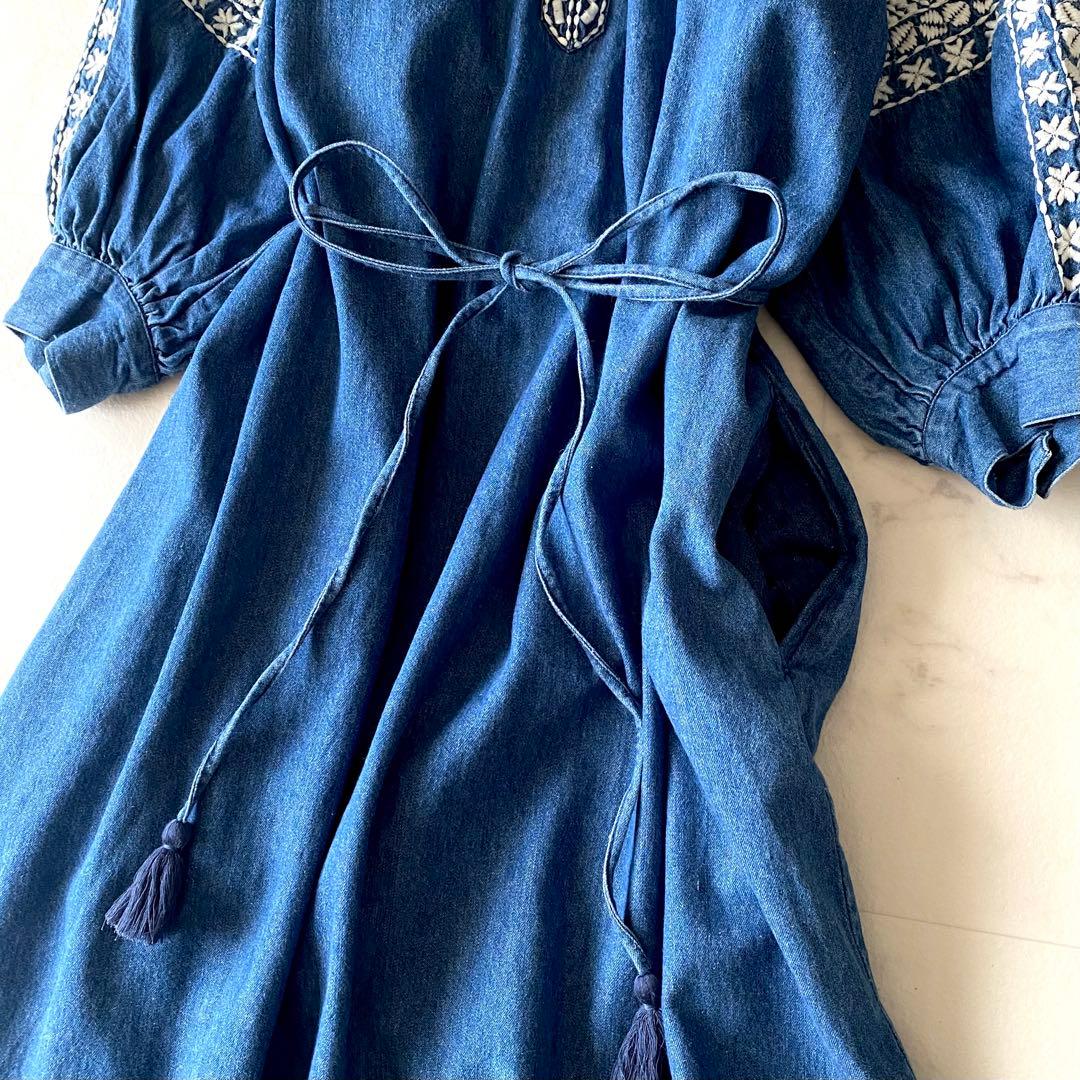 極美品☆グレースクラス デニム刺繍ワンピース ボリューム袖 七分丈 ゆったり