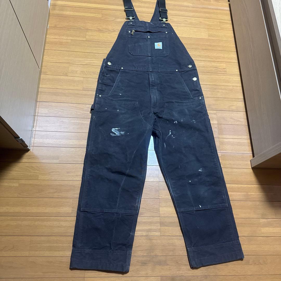 Carhartt ダークブラウン オーバーオール ペンキ 36×30 ダブルニー