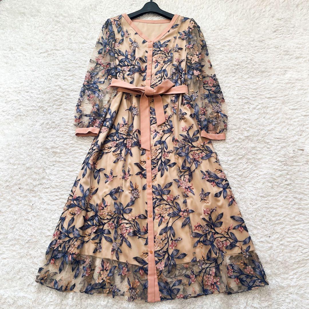 グレースコンチネンタル　フラワー刺繍フレアワンピース　36