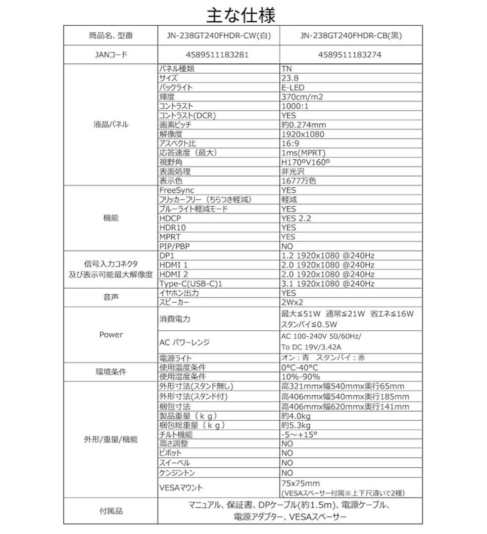JAPANNEXT 23.8 モニターJN-238GT240FHDR-CW