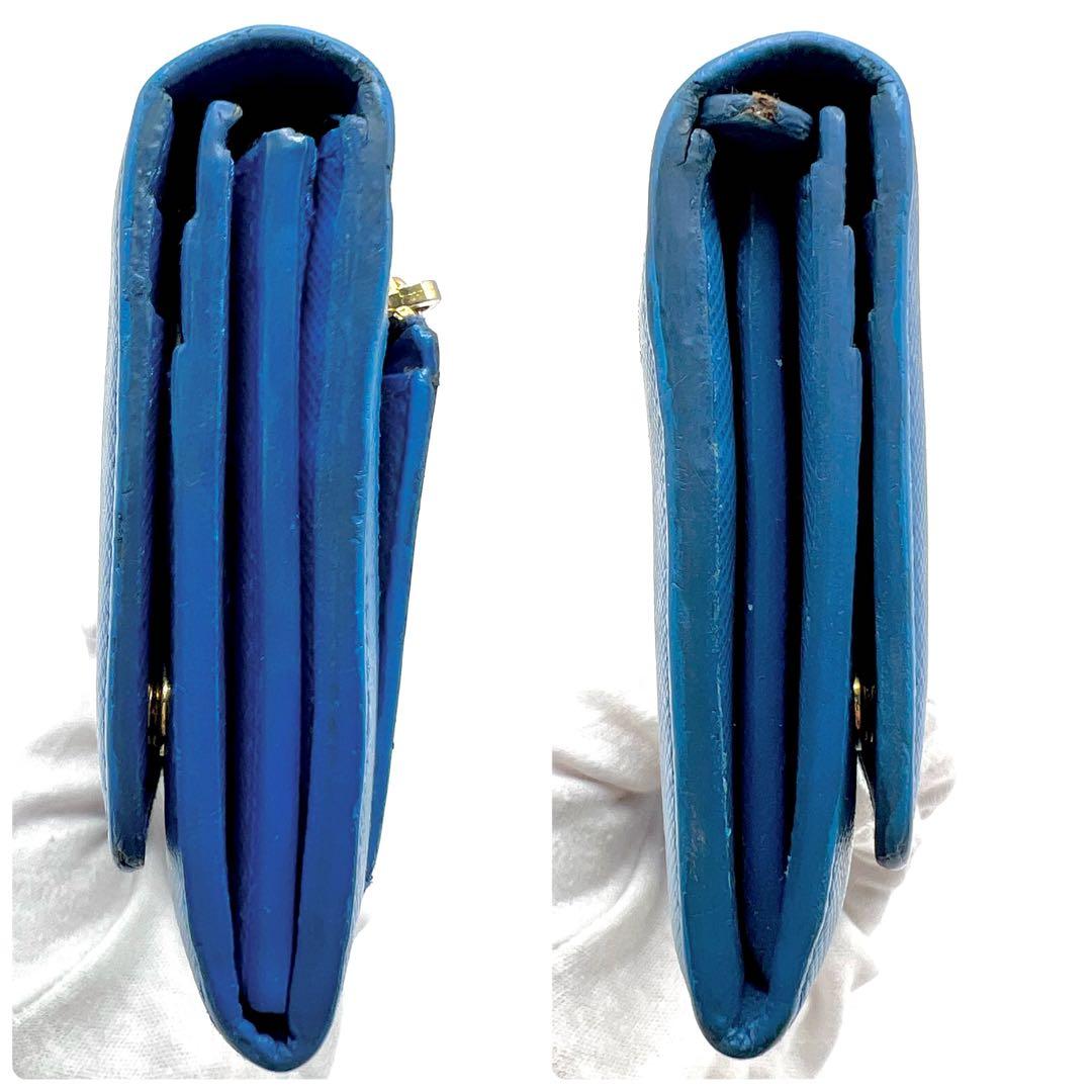 極美品✨PRADA 長財布 サフィアーノ シャインロゴ レザー フラップ ブルー