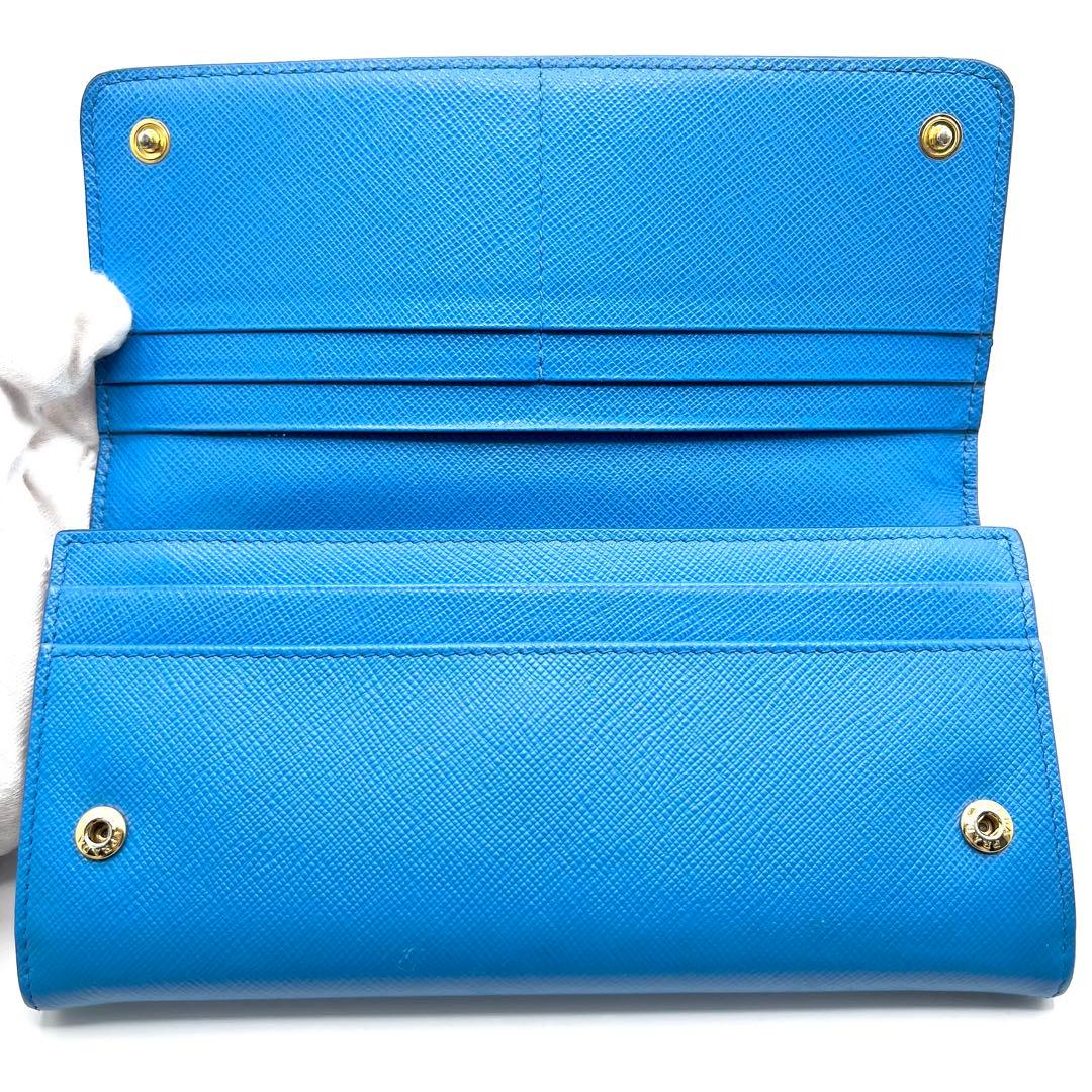極美品✨PRADA 長財布 サフィアーノ シャインロゴ レザー フラップ ブルー
