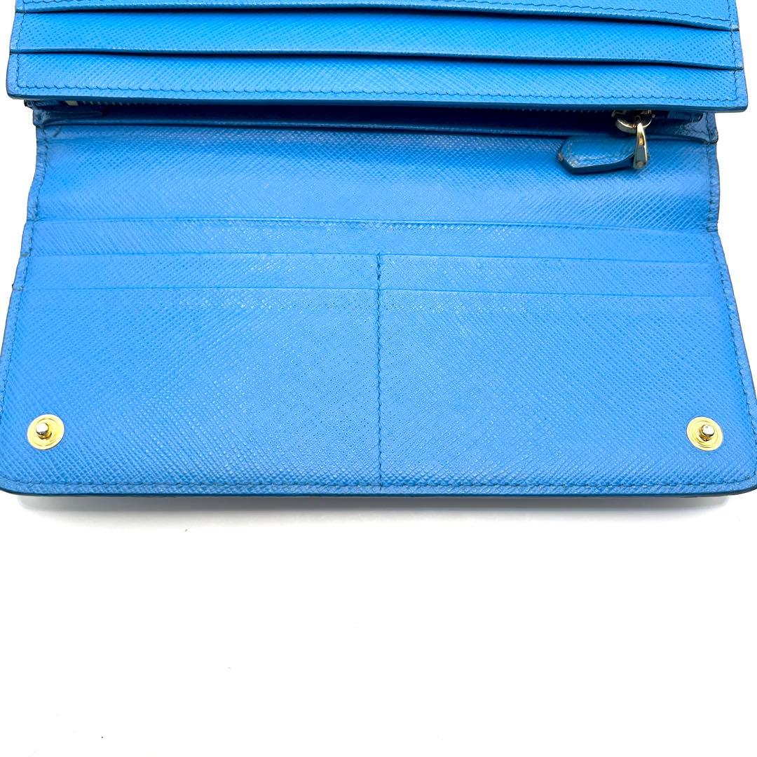 極美品✨PRADA 長財布 サフィアーノ シャインロゴ レザー フラップ ブルー