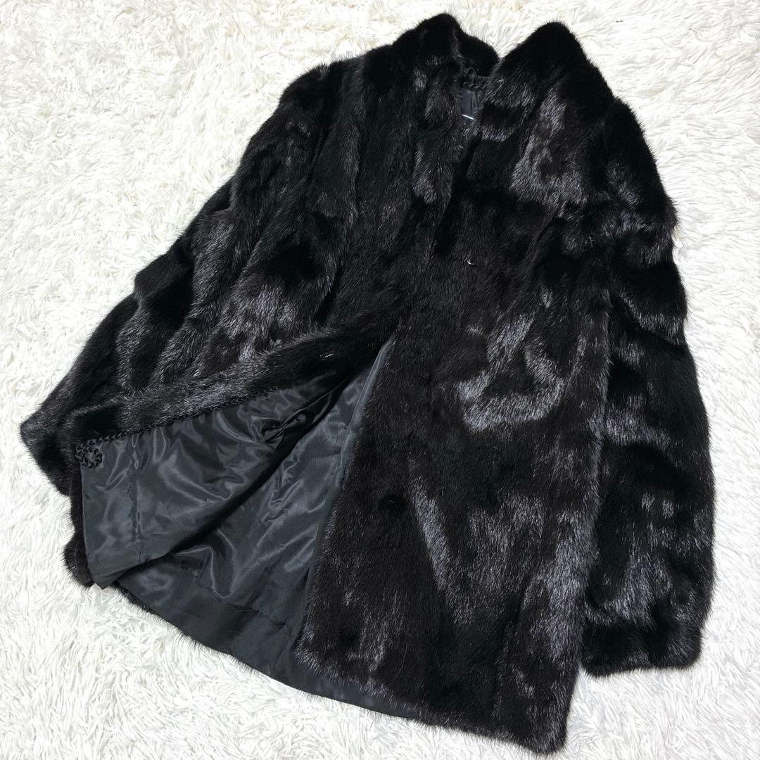 ブラックミンク 毛皮コート ミドル丈 高級 艶　光沢 大きいサイズ　リアルファー