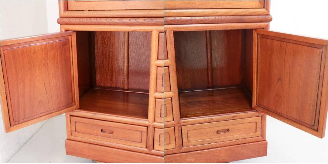 逸品！欅無垢 美しい杢目 大型 茶箪笥 高さ154cm ガラス戸 違い棚 飾り棚