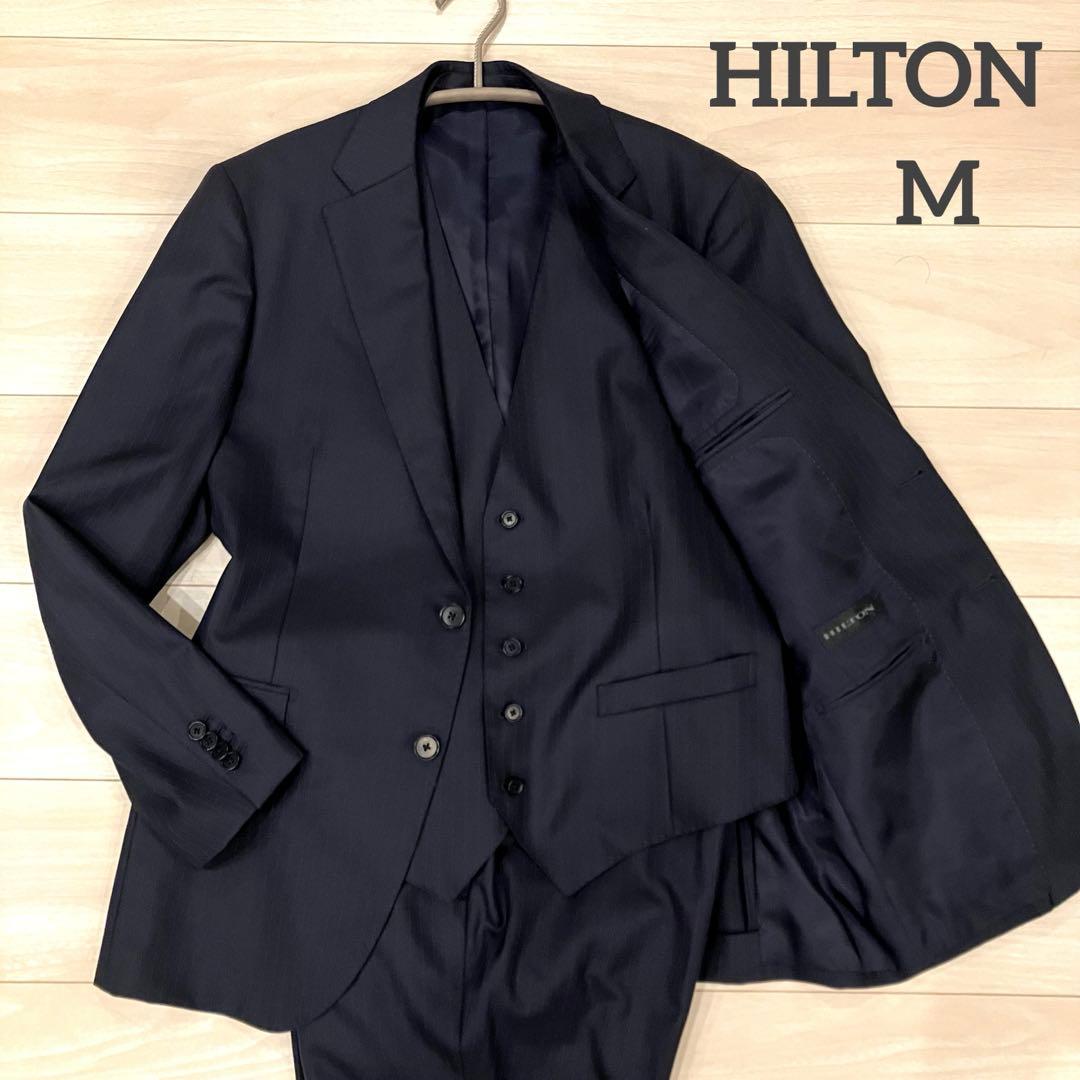 極美品✨HILTON スーツ ３ピース ネイビー 本切羽 高級 ストライプ M