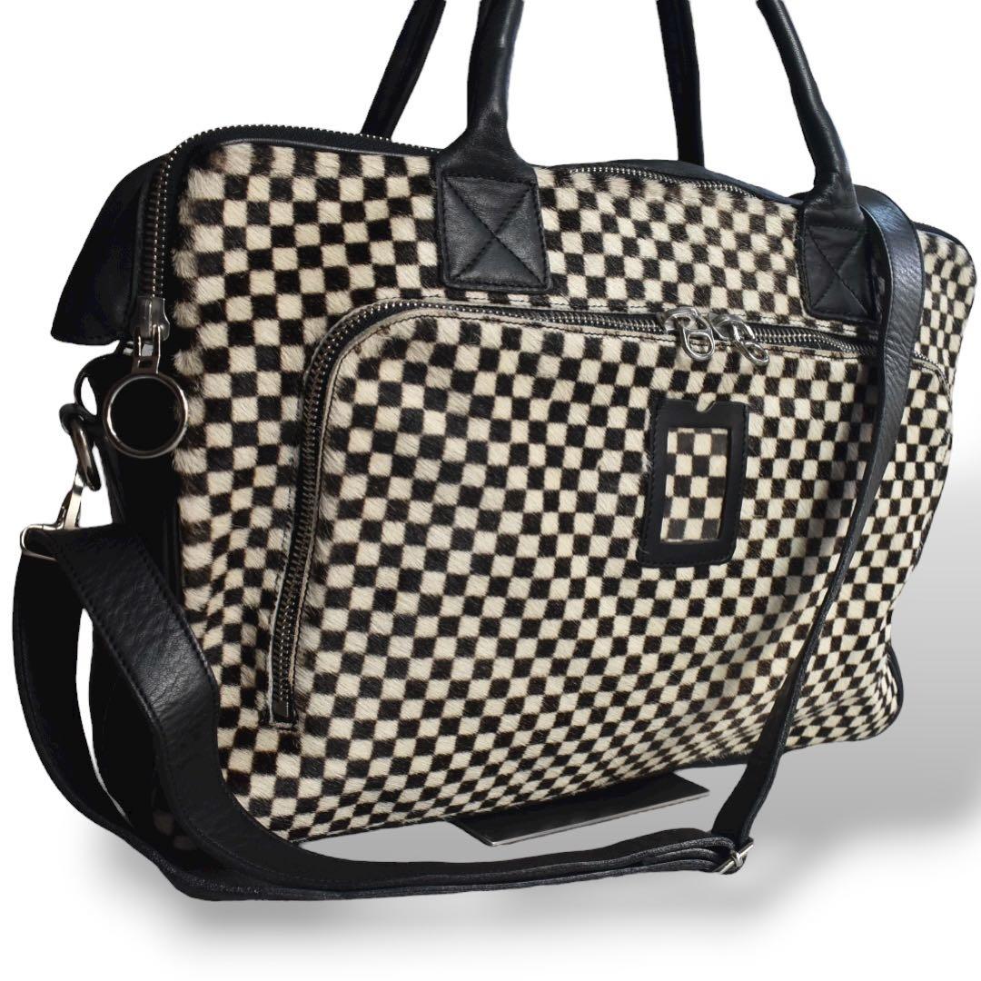 極美品フロリアンドゥニクール　腹子チェッカーフラッグ レザーブリーフ A4大容量