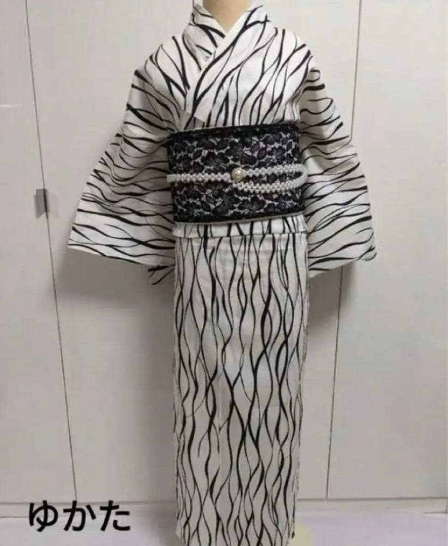 ゆかた Lサイズと、浴衣ようパール帯締めのセット ホワイト✖ブラック