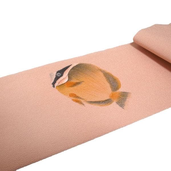 名古屋帯 九寸 作家物 中野雅峰 縮緬 ちりめん 桃色 魚 新古品 kp2273