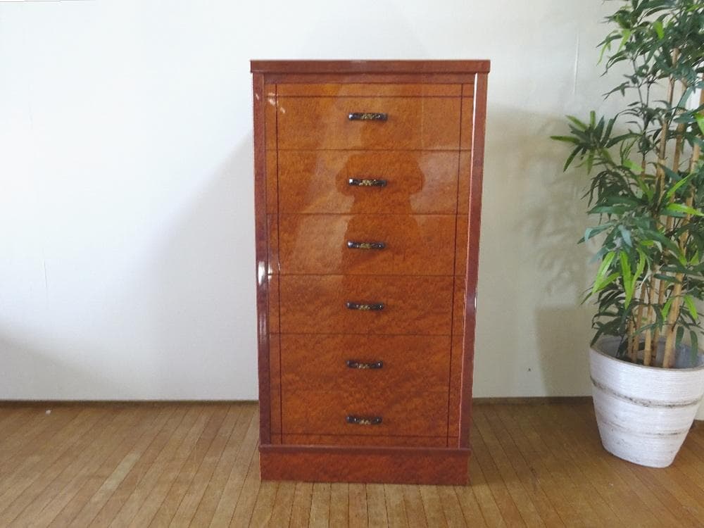 バーズアイメープル　６段チェスト　引き出し桐無垢材　高級品仕様