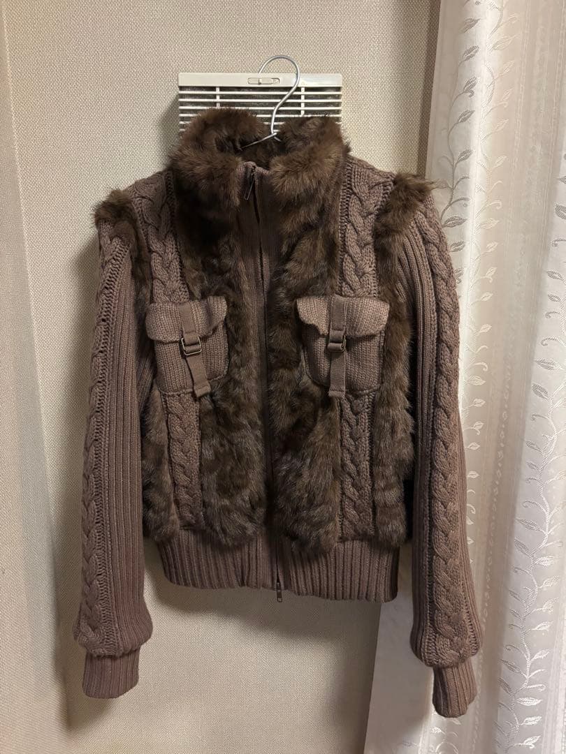 ブラウン ファー付き ニットジャケット