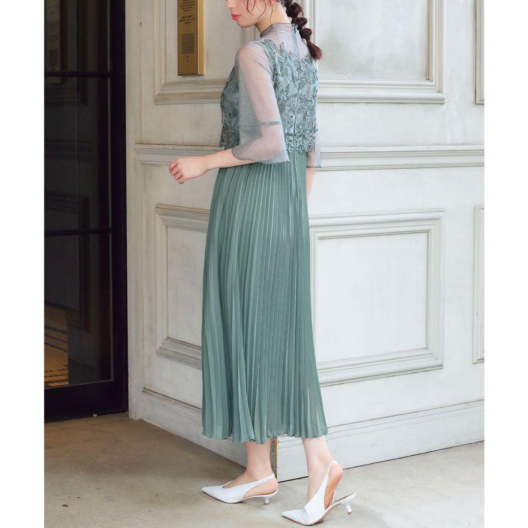 ドリードール メロースリーブ×プリーツドレス　ライトカーキ　グリーン　ミント　緑