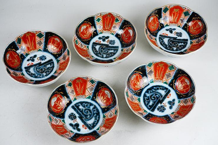 古伊万里色絵手描染付絵付け花形向付五客