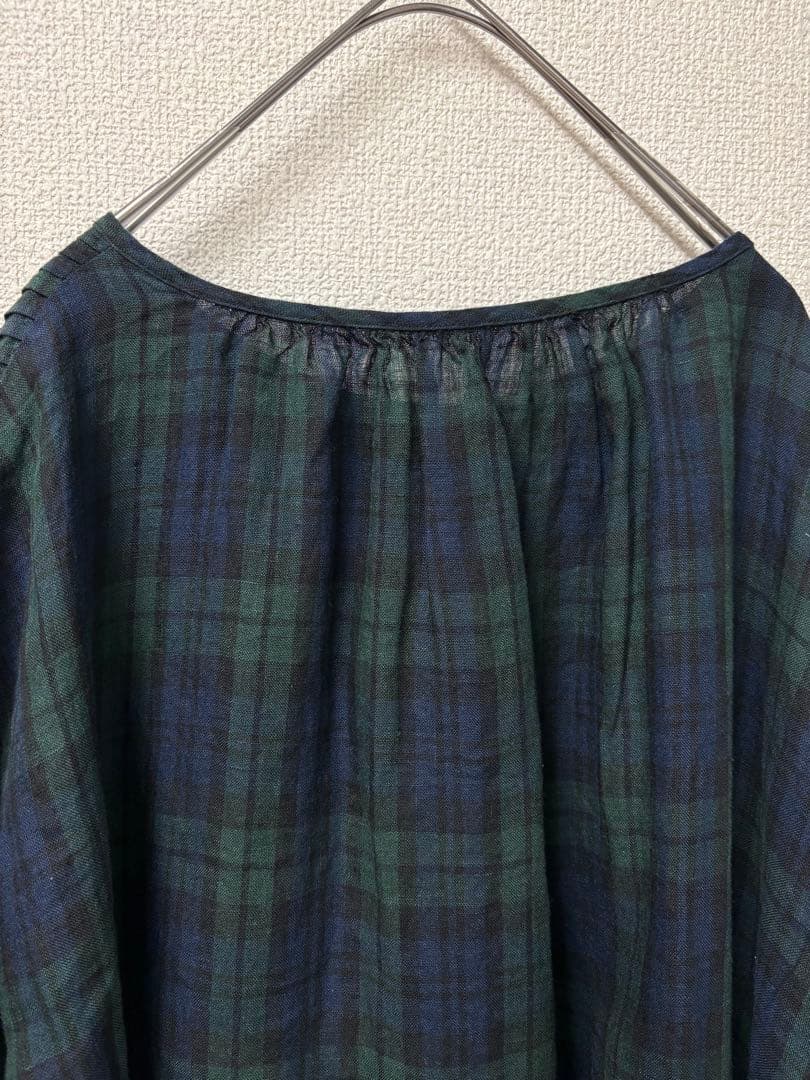 リネンピンタックボリューム袖比翼前開きロングワンピースブラックウォッチ美品