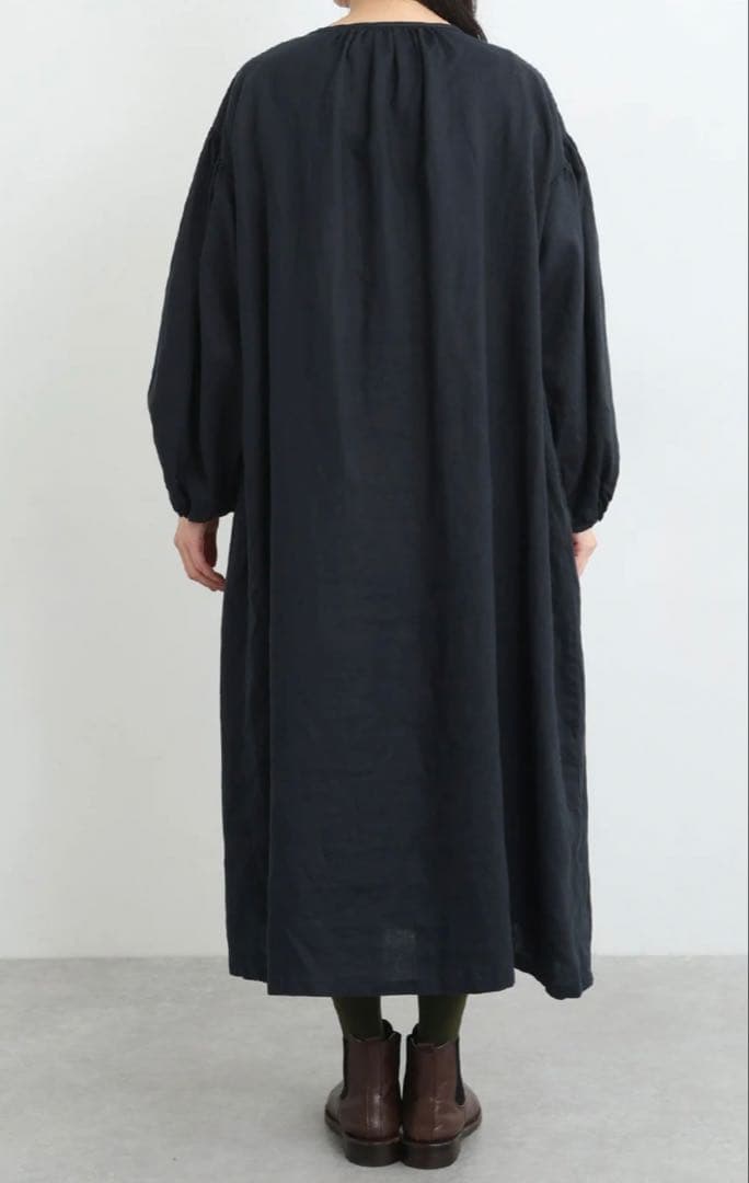 リネンピンタックボリューム袖比翼前開きロングワンピースブラックウォッチ美品