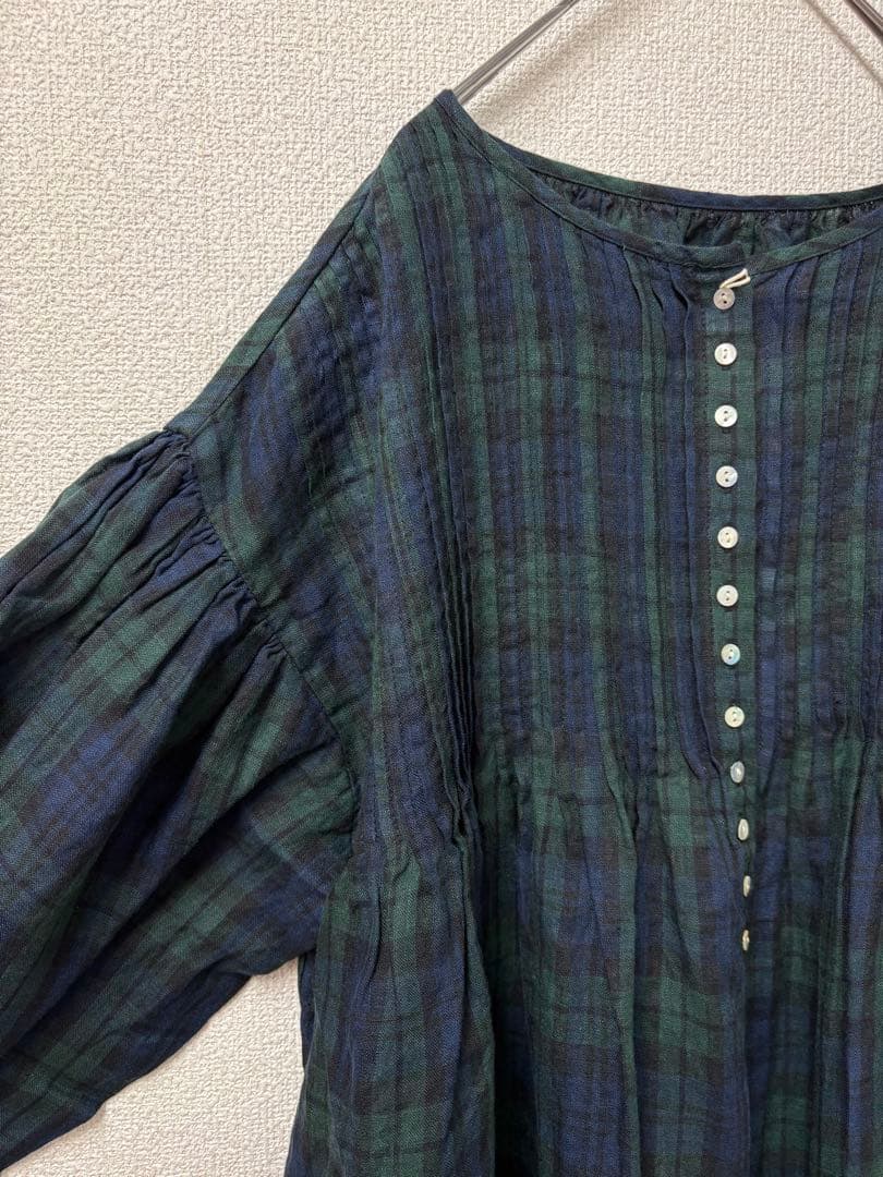 リネンピンタックボリューム袖比翼前開きロングワンピースブラックウォッチ美品