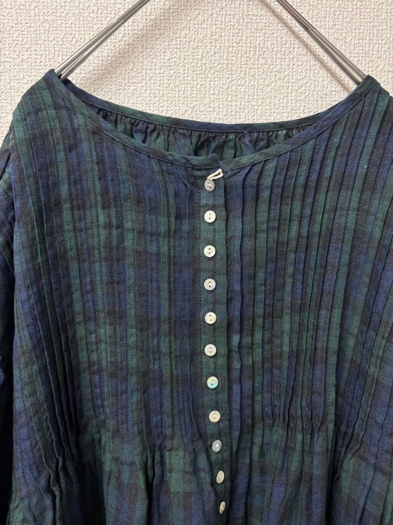 リネンピンタックボリューム袖比翼前開きロングワンピースブラックウォッチ美品