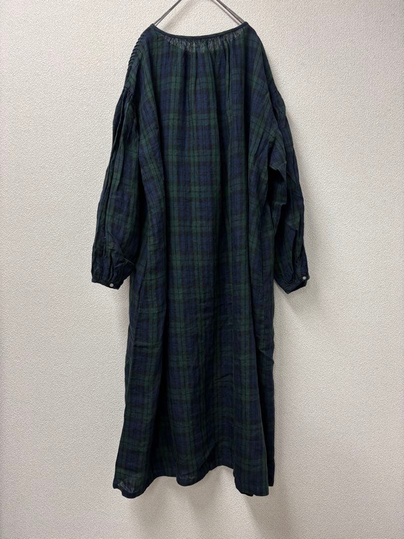 リネンピンタックボリューム袖比翼前開きロングワンピースブラックウォッチ美品